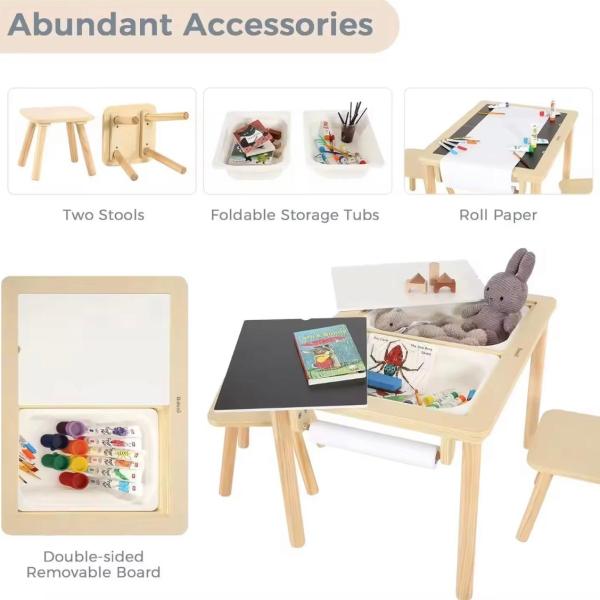 طاولة منتسوري مع 3 صندوق و 2 كرسي و 2 غطاء الطاولة أبيض وأسود و رول الورق الخشبي